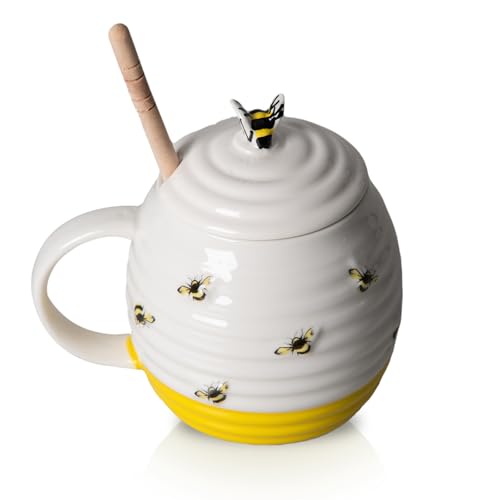 Prefdo Keramik-Honigtopf mit Holztrommel, britisches Design, Honigglas mit Honiglöffel, perfekt für Honig und Ahornsirup, 350 ml