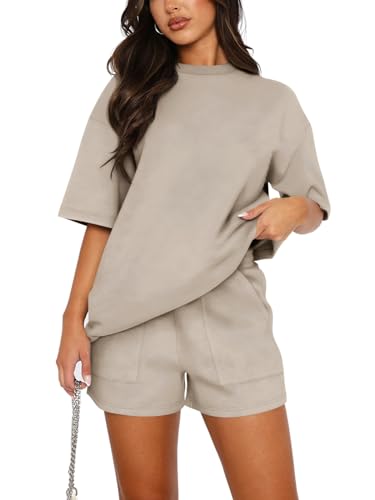 REORIA Damen Tracksuit Kurzarm Rundhalsausschnitt Einfarbig Zweiteiler Hausanzug Loungewear Outfit Jogger Trainingsanzug Set Khaki L