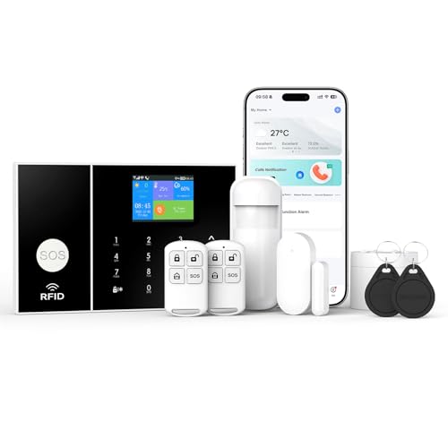Drahtloses alarmanlage Wohnung,GSM/WiFi komplettes alarmsystem mit 120-dB-Alarmsirene, intelligenter Fernbedienung, LCD-Display, Sprachansage, Sicherheit für Zuhause, Büro