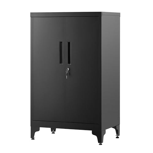 SONGMICS Aktenschrank, Mehrzweckschrank, Büroschrank mit 2 Türen, Schrank abschließbar, Aufbewahrungsschrank aus Stahl, für Arbeitszimmer, Wohnzimmer, Mattschwarz OMC012B01