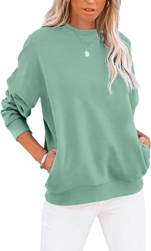 BUHIM Sweatshirt Damen Pullover Rundhals Langarmshirt Herbst Winter Pulli Baumwolle Casual Langarm Oberteile Tops mit Taschen (Grün, S)