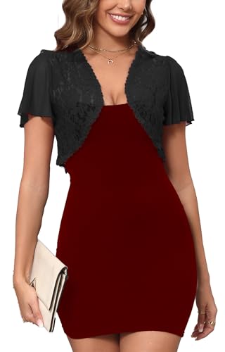 Enjyam Damen Bolero Festlich Elegant Spitzen Bolerojacke Kurzarm Jäckchen Leicht Schulterjacke zum Kleider schwarz,M
