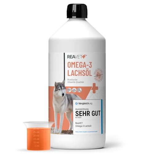 TESTURTEIL SEHR GUT 2025 ReaVET Lachsöl Hunde 1 Liter – Reich an Omega 3 & 6, Fischöl Hund hochdosiert, echte Lebensmittelqualität ohne Zusätze, frisch abgefüllt in Deutschland