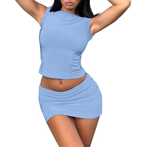 Skang Zweiteiler Damen Sommer Rock Und Top Damen 2-teiliges Outfit, ärmellos, U-Boot-Ausschnitt, bauchfreie Tops, sexy, figurbetont, Mini-Club-Rock-Set, Kleid Anzug Damen Elegant 2 Teiler