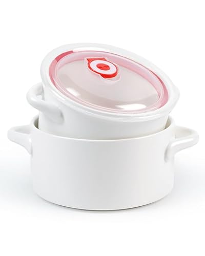 NUTRIUPS 900ml&550ml keramik suppentassen mit henkel, 5&6in Weiß matt suppenschüssel mit deckel, Schüssel für französische Zwiebelsuppe, mikrowellengeeignet (Weiß, 5.5&6IN)