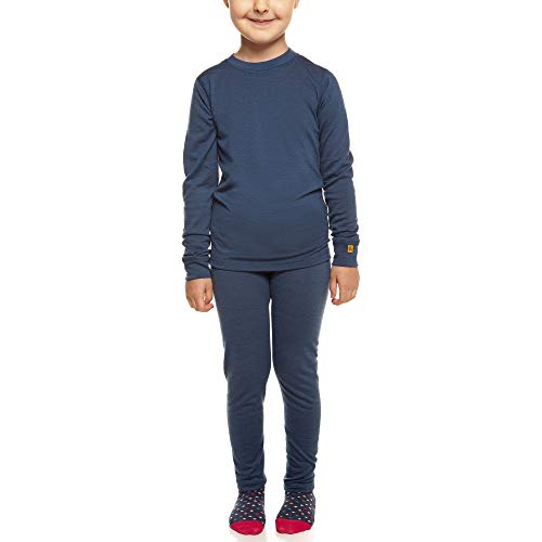 menique Kinder Basisschicht, Leggings und Langarmshirt aus Bio-Merinowolle (4-5 Jahre, Denim)