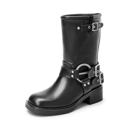 DREAM PAIRS Damen Wadenhohe Stiefel Motorradstiefel mit quadratischer Zehenpartie und Schnallen Bikerstiefel mit niedrigem klobigem Absatz,Size 40,Schwarz,SDMB2405W