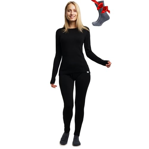 Merino.tech Merino Baselayer Set für Damen - Mittelschwere Thermo-Unterwäsche aus Merinowolle für Damen Oben und Unten (Medium, 250 Black)