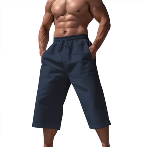 Generisch Hose Herren Sommer Corduroy Bequem und Locker Shorts Weich Baumwolle Sport Kurze Hosen Männer Mode Freizeitshorts Elastische Taille mit Taschen, Schlaghose LeinenShorts Jogger(Marine,XXL)