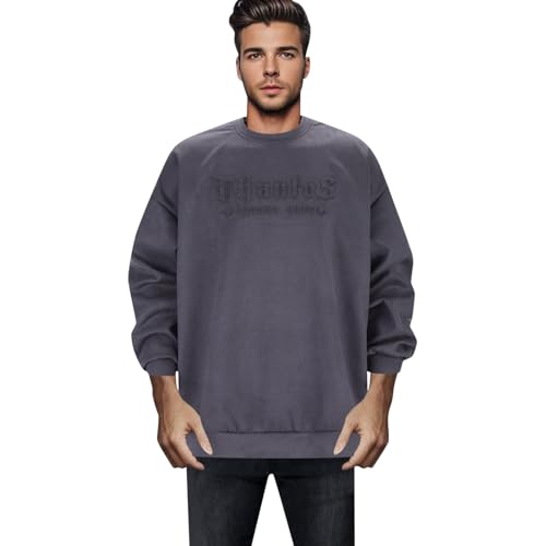 WKAYsIV Herren Pullover schwere Stickerei, übergroße Leere Herren-Sweatshirts mit Rundhalsausschnitt, übergroße Streetwear-Baumwolle mit tiefem Schulterausschnitt Wollmantel Herren Mit(Grey,M)