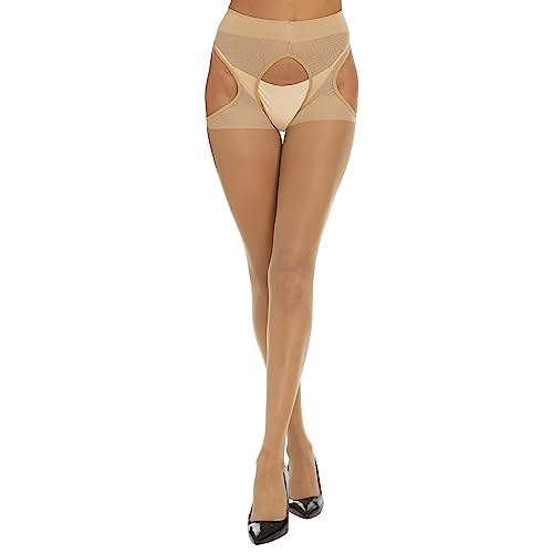 Yilanmy Damen Strapsstrumpfhose Schwarz Offen im Schritt Strumpfhose 15 Den Ouvert Strapsstrümpfe (Hautfarben,L/XL)