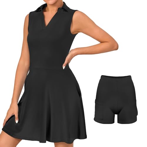 Bezioner Tenniskleid Damen mit Hose Sportkleid Frauen Ärmellos Golfkleid Damen mit Taschen Tennis Outfit Schwarz XXL