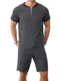 IWOLLENCE 2 Teiler Herren Sommer Poloshirt mit Reißverschluss und Sportshorts mit Taschen Fashion Outfit für Freizeit im Freien Herren Set (Dark Gray, M)