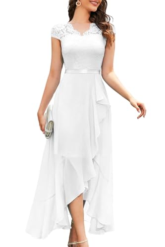 Bbonlinedress Weißes Kleid Abendkleider elegant für Hochzeit Spitze Chiffon Vokuhila Ballkleid lang Brautjunferkleid White L
