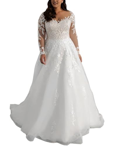 JAEDEN Damen Spitze Brautkleider Grosse Grössen Lang A-Linie Hochzeitskleider mit Ärmel Prinzessin Trauung Kleid Standesamtliche Brautkleid Weiß 52