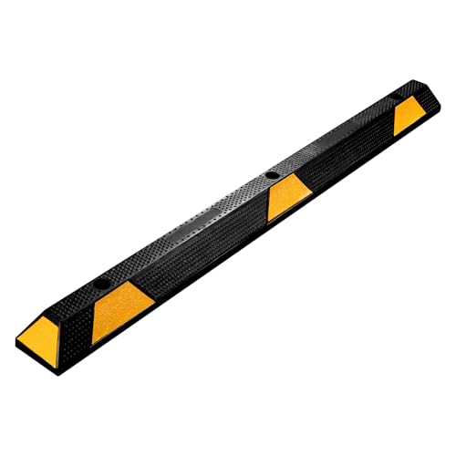 Wiltec Radstopper 165 x 15 x 10 cm, Einparkhilfe aus Gummi, Parkplatzbegrenzung mit gelben Reflexionsstreifen & Schraubrillen, Parkplatzsperre für Garage