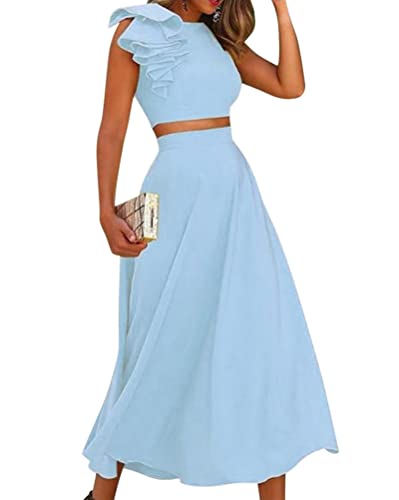 ORANDESIGNE Rock Und Crop Top Set Damen Sommer Outfit Zweiteiler Elegant Festlich Röcke Anzug Abendmode 2 Teilig Büro Formal Modern Business Freizeitanzug Mode Streetwear Bekleidungsset Blau S