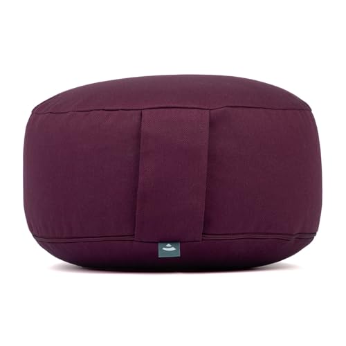 Bodhi Meditationskissen Rondo ECO | Yogakissen mit Bio Dinkelfüllung | Bezug aus 100% Baumwolle | Waschbarer Bezug mit praktischer Trageschlaufe | Höhe 20 cm (aubergine)