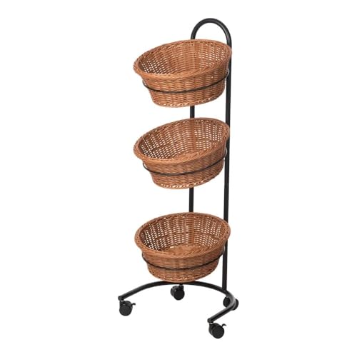BATANIA Verkaufsständer aus schwarzem Metall – mit 3 herausnehmbaren Körben aus braunem Polyrattan (Ø 37 x H 14 cm) – abwaschbar & stabil – Rollbar & platzsparend – einfacher Aufbau