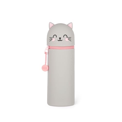 Legami - Kawaii 2-in-1 Schulmäppchen aus weichem Silikon, Kitty-Thema, Stifthalter, Reißverschluss, Buntstifte, Marker, H 18,5 cm