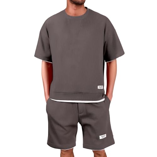 Generisch Waffle Trainingsanzug Herren Jogginganzug Sommer Kurz Freizeitanzug Kurzarm Tshirt + Kurze Jogginghose Sets 2 Teiliges Casual Sommeranzug Fitness Sportanzug Y2K Tracksuit für Männer