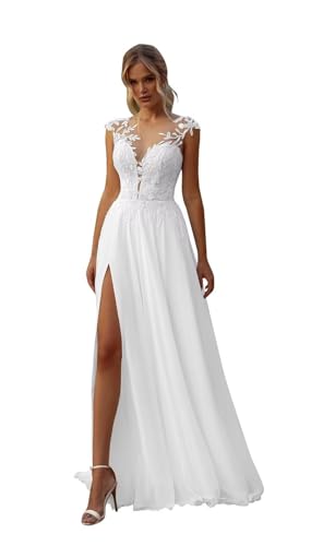 HUINI Brautkleider für die Braut 2025 Boho Strand Spitze Brautkleid für Frauen mit Schleppe Weiß 36