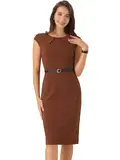 Allegra K Damen Bürokleid Ärmellos Rundhalsausschnitt Flügelärmeln Gürtel Elegant Etuikleid Kleid Braun XL