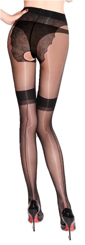 krautwear Damen Strumpfhose Ouvert In Sexy Strumpf Optik mit Naht Schwarz (BL2022-schwarz)