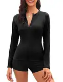 Tuopuda UV Shirt Damen Schwimmshirt Langarm Rash Guard mit Zip UPF 50+ UV Schutz Rashguards Badeshirt Langarmshirts Sportshirt für Wasser Strand Surfen Schwimmen S-XXL, Schwarz, L