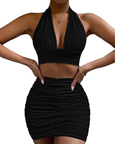 Osheoiso Damen Sexy Top mit Kurzem Rock Sets 2 Piece Bodycon Langarm Minirock Elegant Kurzem Rock Sets Einfarbig Outfit Rock Langarm Top 3 Schwarz L
