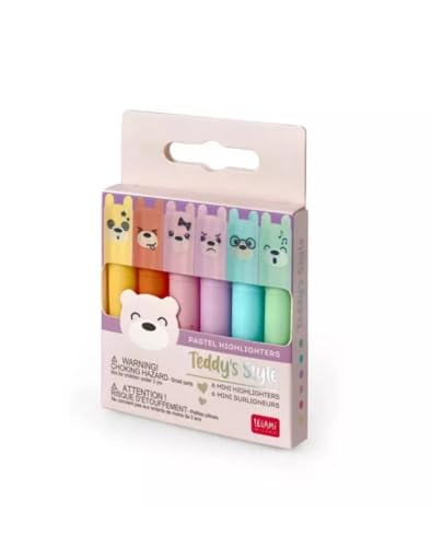 Legami - Teddy's Style, Set mit 6 Mini-Textmarkern, 1 x 7,5 cm, Gelb, Pfirsich, Rosa, Lila, Hellblau, Hellgrün, zum präzisen Unterstreichen und Markieren, Mehrfarbig 2