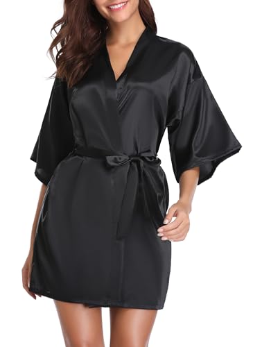 Vlazom Kimono Robe Damen Morgenmantel Kurzer Satin Bademantel Mit Gürtel V-Ausschnitt Kimono(L,Schwarz)