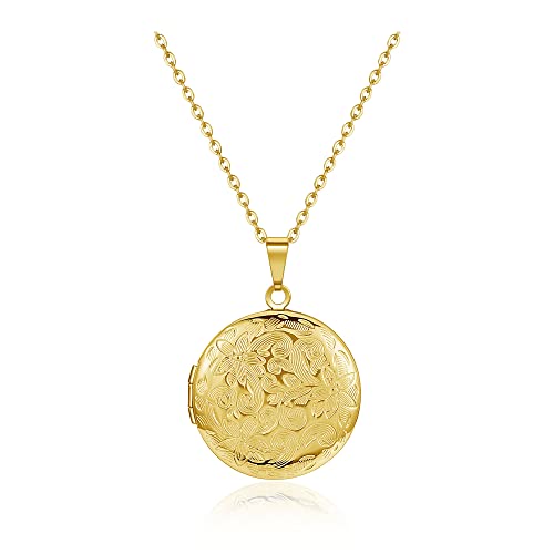 Zysta Vintage Charms Medaillon Kette für Foto Bilder, Silber Rund/Herz Anhänger zum Öffnen mit Blumen Muster Herzanhänger Amulett für Damen Mädchen (Gold- Rund Anhänger)