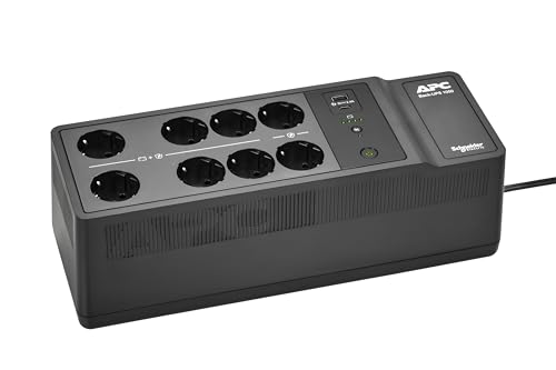 APC UPS für Zuhause, 1050VA UPS Batterie-Backup mit AVR, 8X Schuko CEE 7/3 Steckdosen, (2) USB-Ladeanschlüsse, Back-UPS Unterbrechungsfreie Stromversorgung, BE1050G2-GR