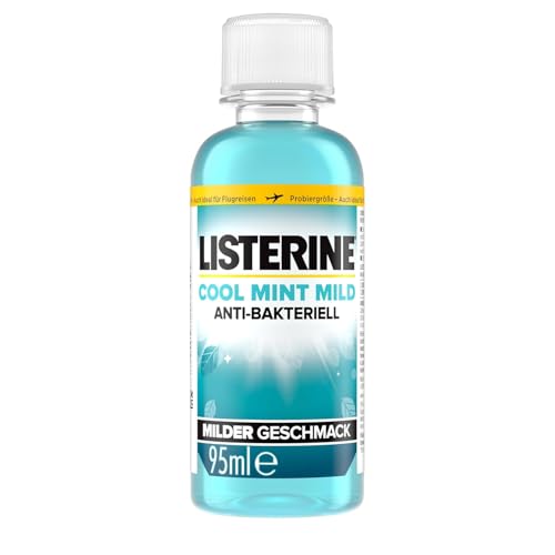 LISTERINE Cool Mint Mild (95 ml), antibakterielle Mundspülung mit ätherischen Ölen & ohne Alkohol, mildes Zahnpflege Mundwasser, reduziert Zahnbelag, bekämpft wirksam Mundgeruch