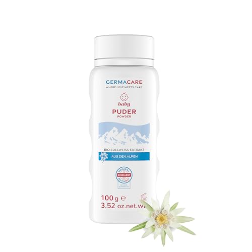 GERMACARE Baby Puder – 100 g – Babypuder ohne Parfum – Babypflege mit Jojobaöl, Glycerin und Bio Edelweiss - für Babys, Kinder, Neugeborene – veganes Puder
