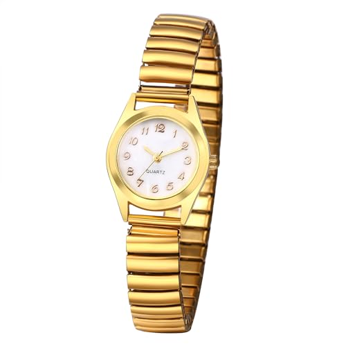 JewelryWe Damenuhr Elastisch Uhren Damen: Analog Quarz Armbanduhr Gold Edelstahl Stretch Armband Klein Lässige Uhr mit Weiß Digital Zifferblatt Geschenk für Frau Mädchen