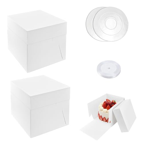 Kleemeiero 2 Stück Tortenschachtel mit Tortenbrett Tortenkarton weiß Tortenbox Kuchenkarton Gebäckschachteln Tortenbehälter mit Tortenplatten, 1 Rollen Satinband für Torten, 30.5 * 30.5 * 30.5cm