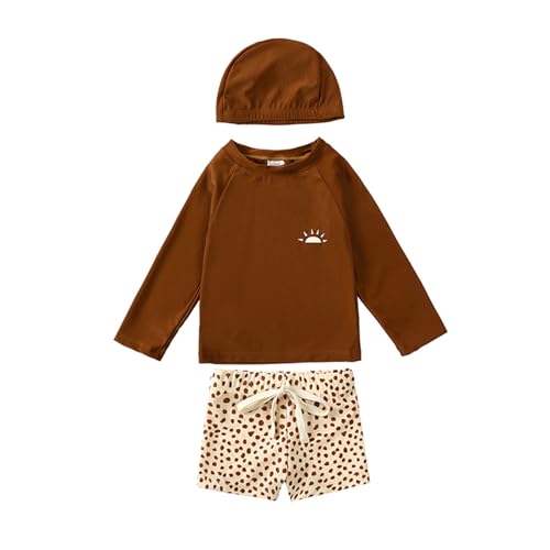 Generisch Dreiteiliger Badeanzug für Jungen, Rashguard, Bademode für Jungen, geblümter Badeanzug für Kleinkinder, Badehose mit Badekappe Badehose Baby 98 (Brown, 2-3 Years)