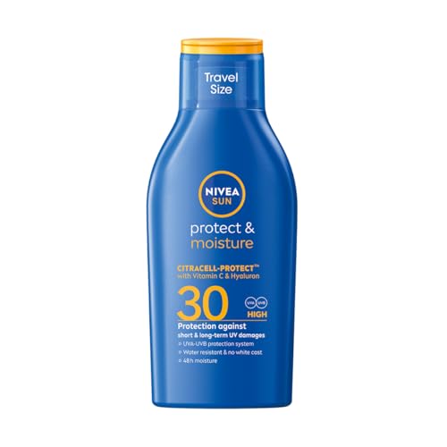 NIVEA SUN Schutz & Pflege Sonnenmilch LSF 30 Reisegröße (100 ml), Sonnencreme für 48h Feuchtigkeit, sofortiger Sonnenschutz vor UVA-/UVB-Strahlen