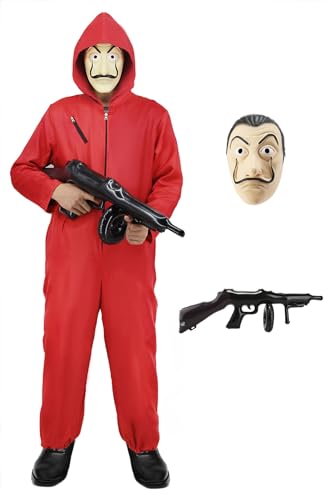 Mrsclaus Bankräuber Kostüm Herren Damen Rot Jumpsuit mit Maske Faschingskostüme Paare Erwachsene Gruppen Partner Kostüme Outfit für Karneval Halloween Party, XL