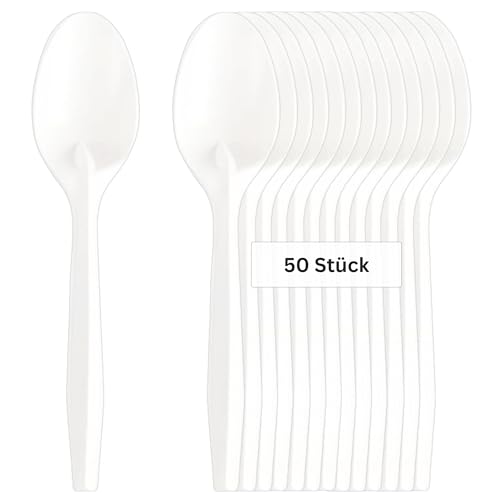 Linario® Mehrweglöffel aus Maisstärke - Nachhaltiges Besteck ohne Plastik - Stabiles hochwertiges Geschirr für Partys, Grill und Camping - 17cm (50)
