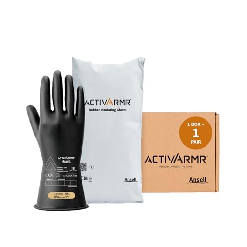 Ansell ActivArmr Elektriker-Schutzhandschuhe, Elektroschutz Klass 00 (500V), Elektrisch Isolierende Gummihandschuhe, Professionelle Arbeitshandschuhe 28cm, Schwarz, Größe XL (1 Paar)