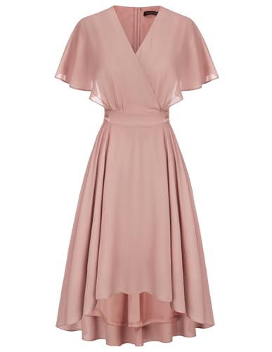Damen Elegant Kleid Chiffon Cape Ärmel A-Linie Cocktailkleid Midi Hochzeit Kleider Hellrosa 36
