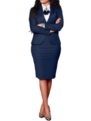 Minetom Damen 2-teiliges Anzug Set Langarm Blazer und Rock Slim Fit Bleistiftrock Zweiteiler Elegant Business Büro Outfit A Blau XXL