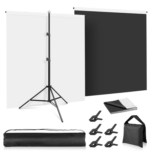 Foto Hintergründ Weiß Schwarz mit Ständer, Foccalli 2-in-1 6.5x5ft Fotografie Hintergrund Weißer Schwarz Screen Kit für Chroma Key Streaming Gaming Fotoshooting mit Tragetasche und 5 Clips