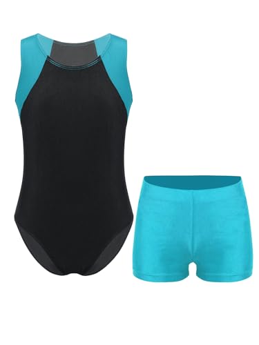 Sxiwei Kinder Turnanzug Jungen Gymnastik Trikot Tanzen Ballet Kleidung Set Ärmellos Trikotanzug mit Shorts Ballttkleidung Blau Grün A 134-140