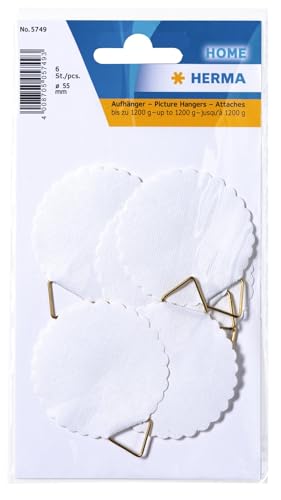 HERMA 5749 Bildaufhänger zum Kleben weiß groß, 6 Stück, Ø 55 mm, selbstklebend, Drahtseil Bildaufhängung ohne Bohren für die Wand, starke Papier Draht Aufhänger für Bilder Bilderrahmen bis 1200 g