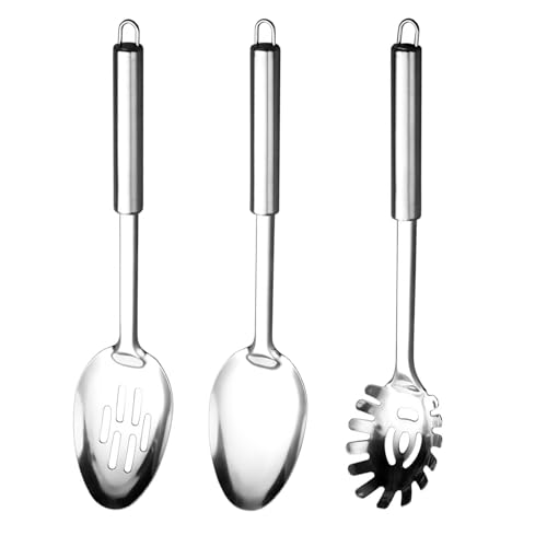 Kochlöffel Set, 3 Stück Edelstahl-Reislöffel in Lebensmittelqualität, Reislöffel + Durchlöcherter Reislöffel + Fadennudelgabel, Kochzubehör, Küchenutensilien, Utensilien für den Speisesaal