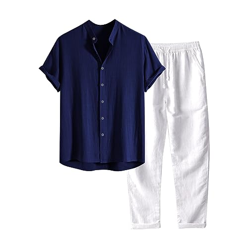 2-teiliges Leinen-Outfit für Herren mit Knopfleiste lässig lockere Hose Herren 2 Stück Casual Leinen Outfits Sommer Kubanischen Kragen Walking Anzüge für Strand Urlaub